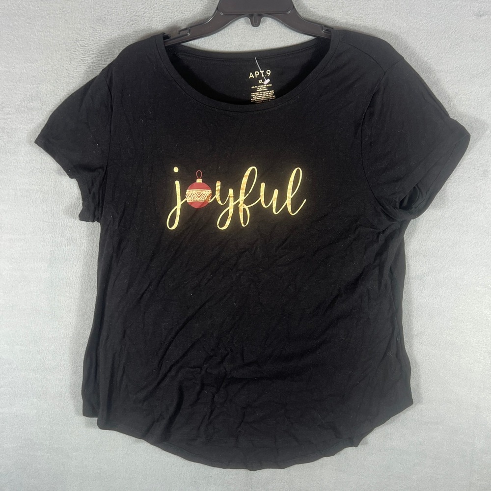 Apt. 9 Womens T-Shirt XL Black Joyful Graphic Short Sleeve Holiday Ornament